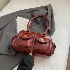 Microfiber Leather Vintage Pocket Satchel – Black & Burgundy