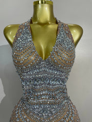 Sparkling Rhinestone Halter Mesh See-Through Mini Dress