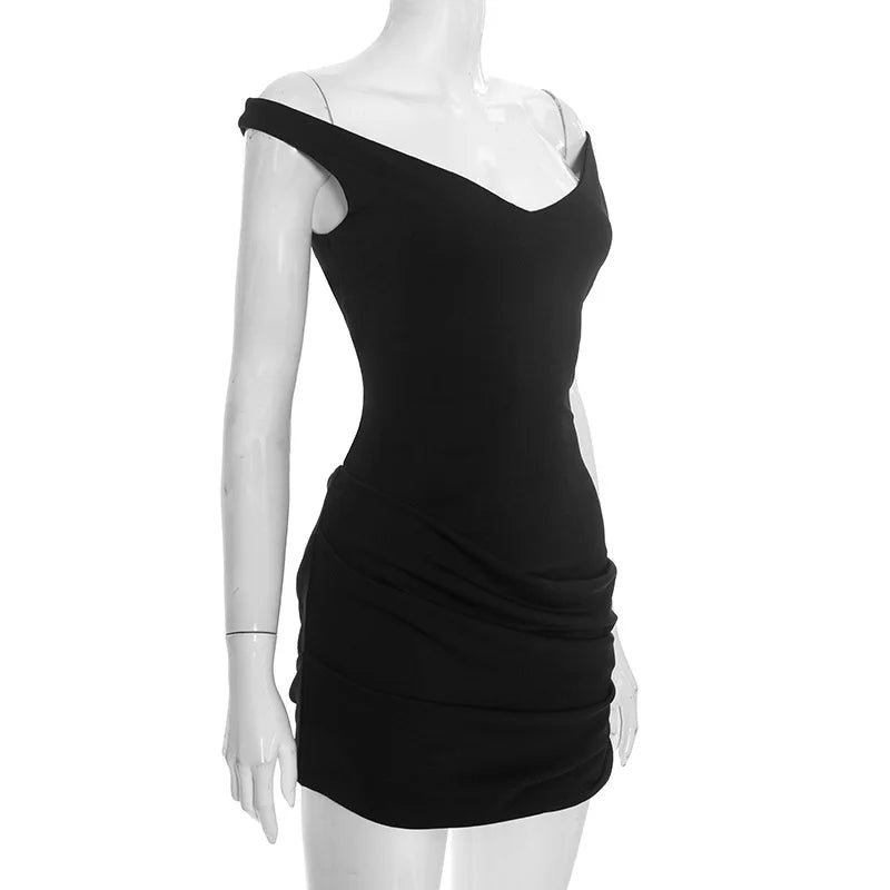 Black off-shoulder dress on a mannequin against a white background