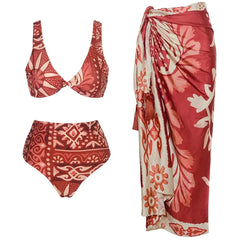 Floral Print Sweetheart Neckline One-Piece Swimsuit and Sarong Set