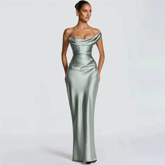 Satin Bodycon One Shoulder Cowl Neck Maxi Dress