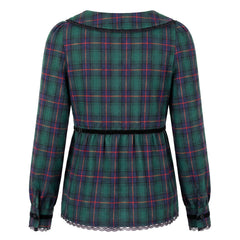 Plaid Peter Pan Collar Velvet Bow Peplum Top