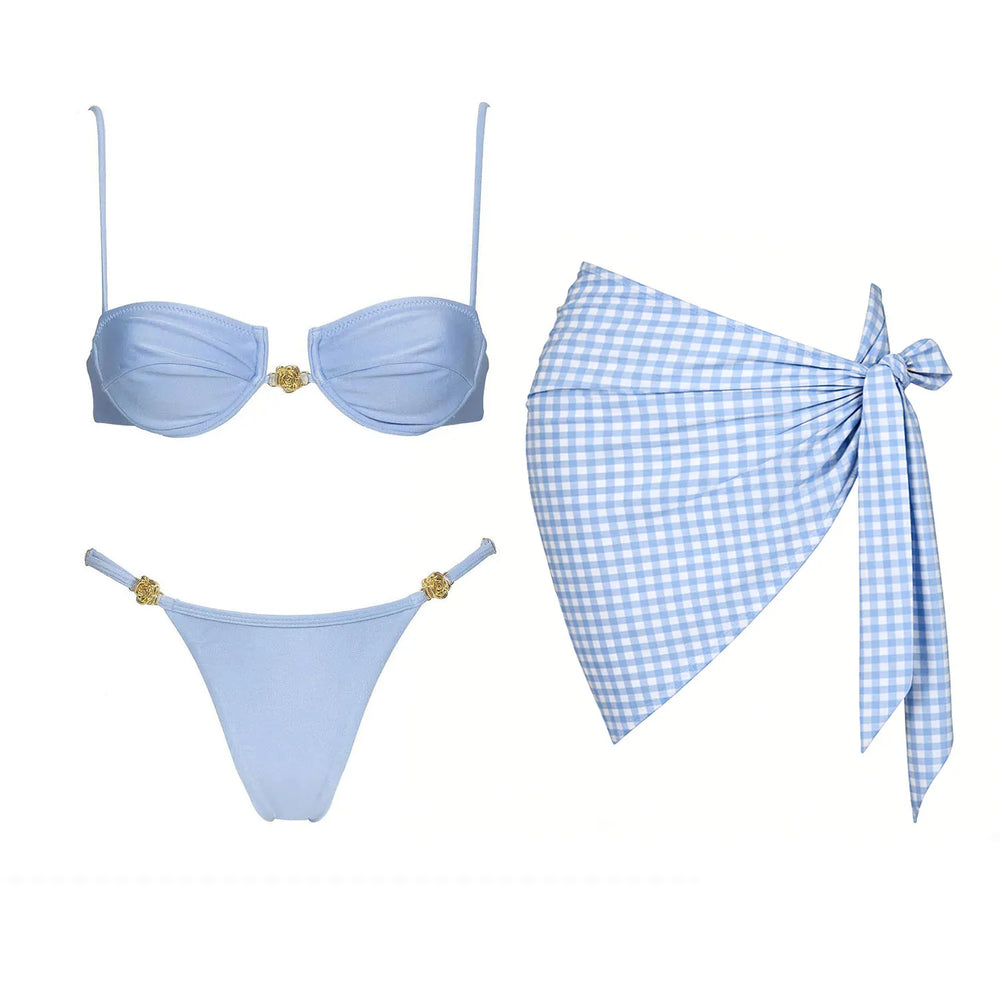 Blue gingham wrap skirt bikini set