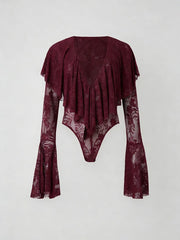 Maroon bodysuit with bell sleeves on a white background