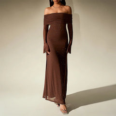 Brown off-shoulder gown on a neutral background