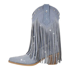 Blue denim cowboy boot with fringes and rhinestones on a white background