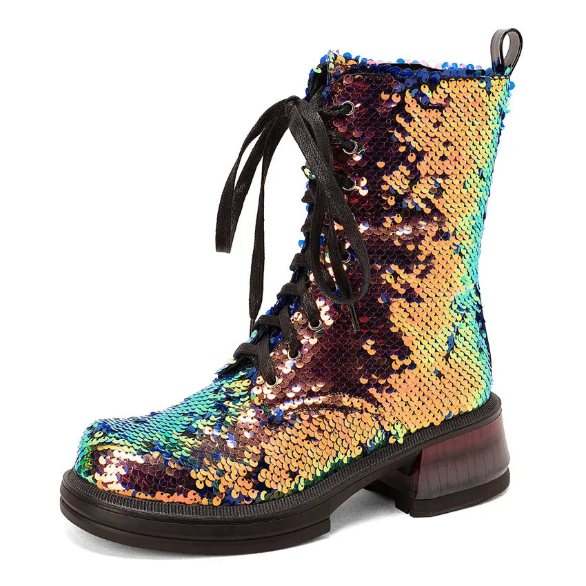 Multicolored sequin boot on a white background
