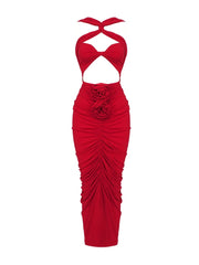 Red Cut-Out Bodycon Midi Dress with Ruched Flower Detail