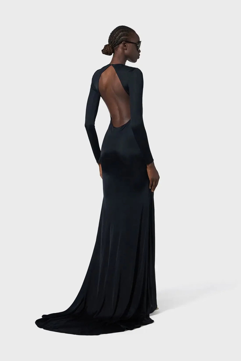 Black evening gown with open back