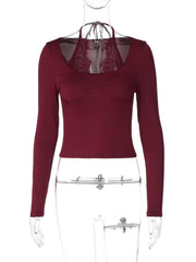 Burgundy Lace Tie Up Halter Top