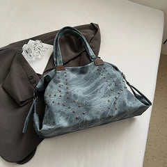 Blue studded PU leather shoulder bag
