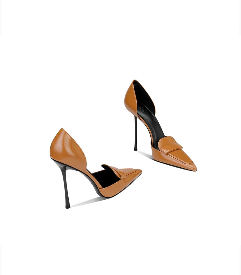 Pair of tan high-heeled shoes on a white background