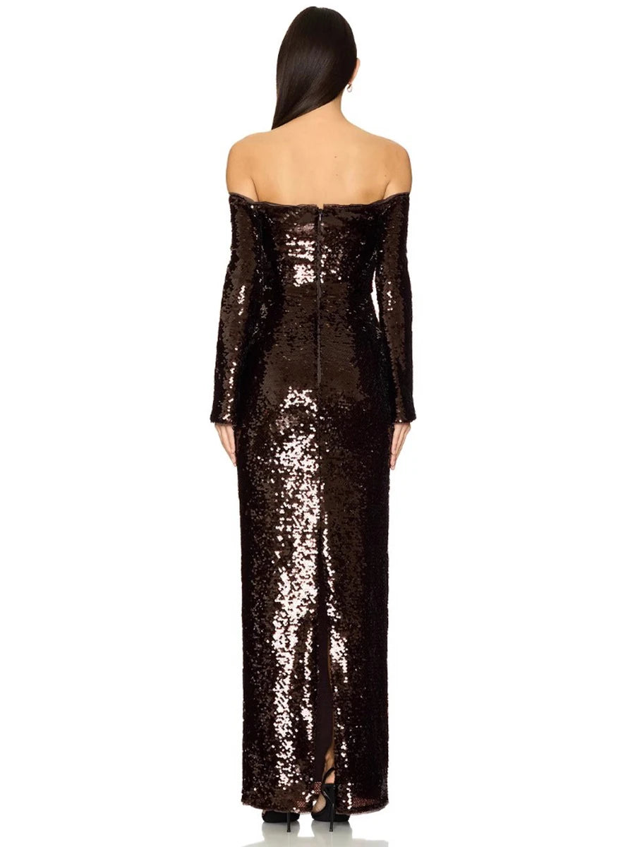 Sleeveless sequin maxi dress with a sculpted neckline