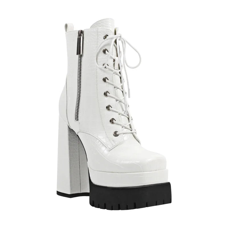 White chunky platform lace-up ankle boot with a textured finish and side zipper.
