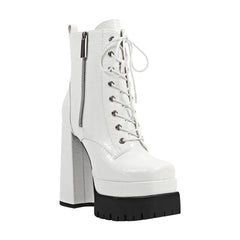 White chunky platform lace-up ankle boot with a textured finish and side zipper.