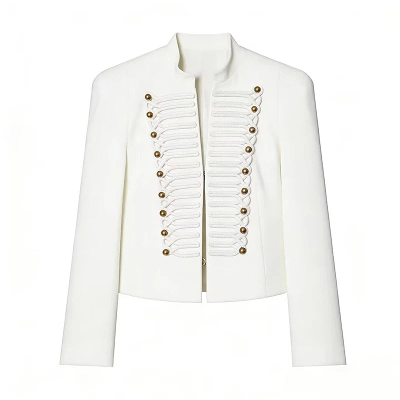 White cropped military style jacket with gold buttons and cord braiding
