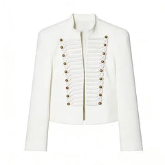 White cropped military style jacket with gold buttons and cord braiding
