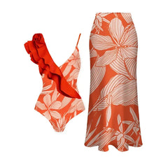 Tie-Strap V-Neck One-Piece Swimsuit with Matching Sarong Set