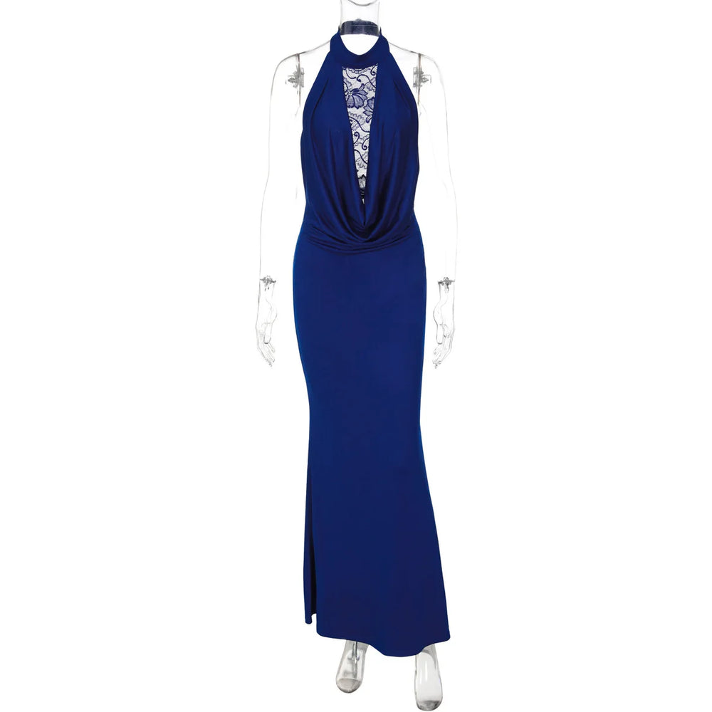 Blue evening gown on a mannequin against a white background