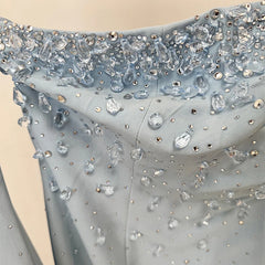 Blue Diamond Embellished Strapless Long Gown