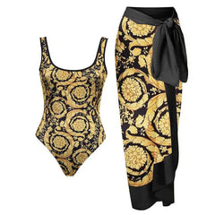 V-Neck Tie-Strap Swimsuit and Wrap Skirt Set