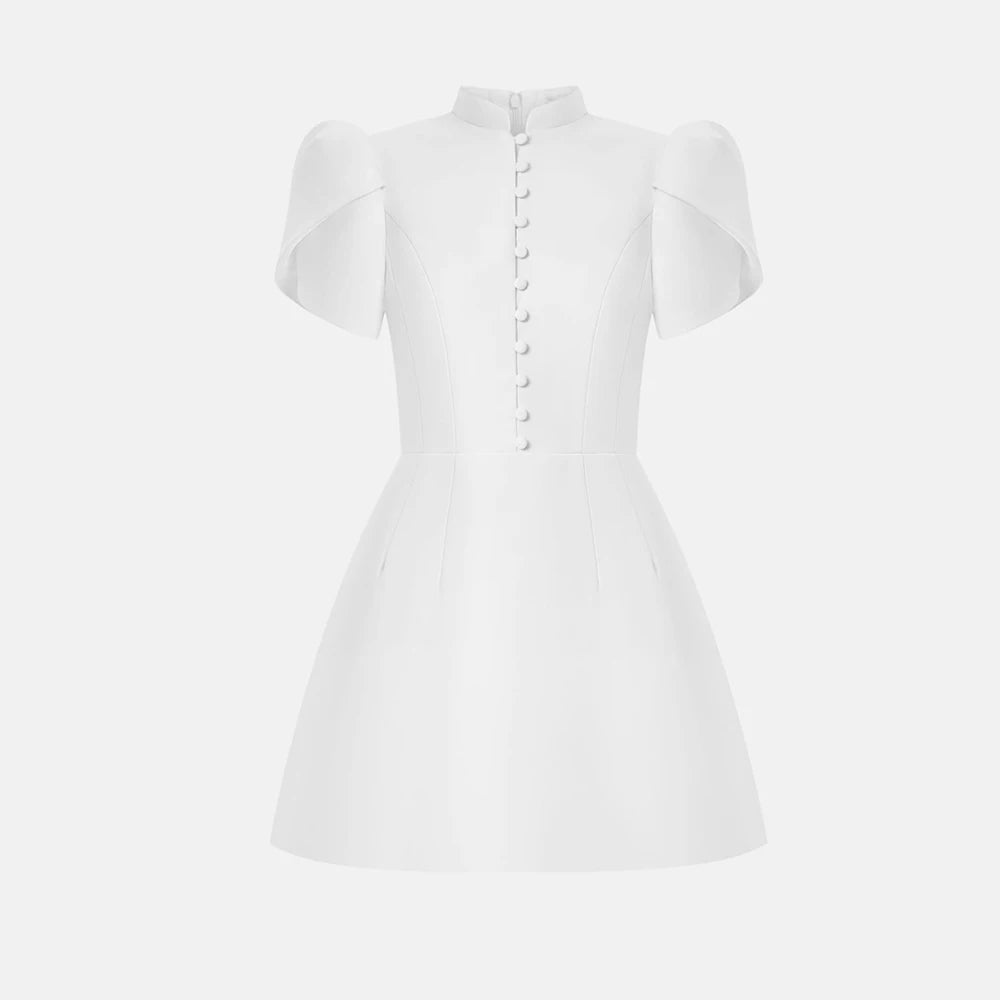 White dress with short sleeves on a light gray background