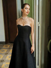 Black Strapless A-Line Midi Dress with Pearl Chain