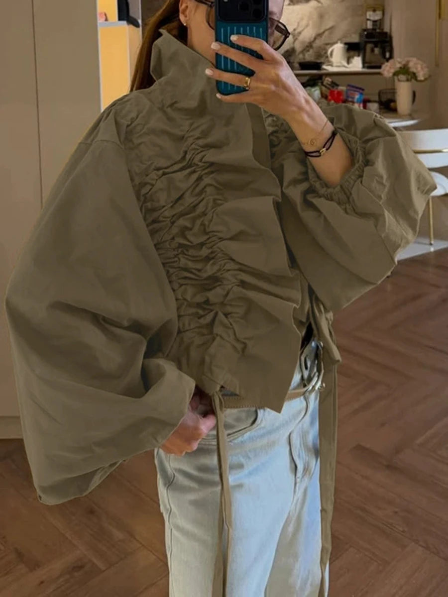 Ruched drawstring collar shirt side view