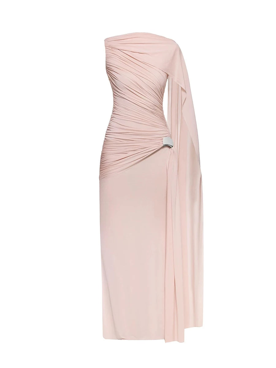 Pink one-shoulder dress on a white background