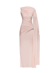 Pleated One-Shoulder Cape Maxi Dress with Round Neck