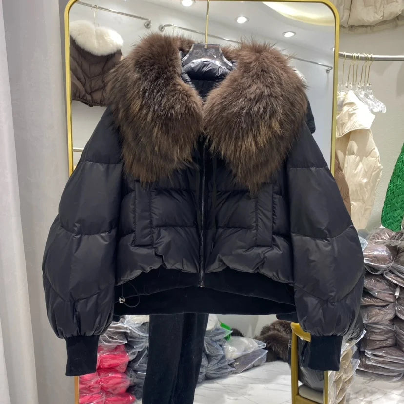 Black fur collar puffer jacket
