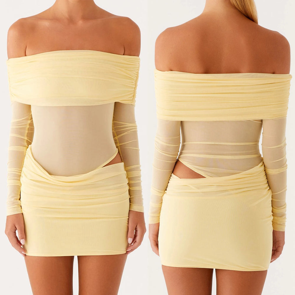 Yellow off-shoulder dress shown from front and back on a white background