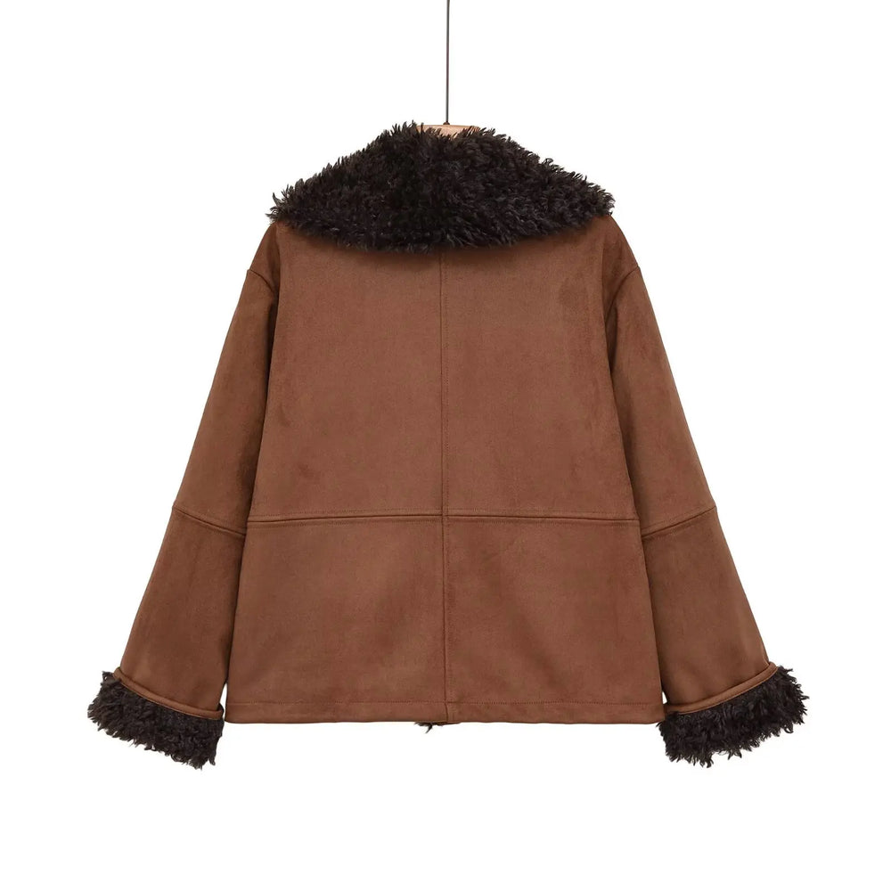 Shearling trim faux suede jacket back view