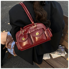 Microfiber Leather Vintage Pocket Satchel – Black & Burgundy