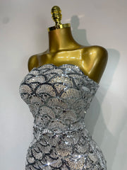 Strapless sequin scallop mini dress in silver, close-up