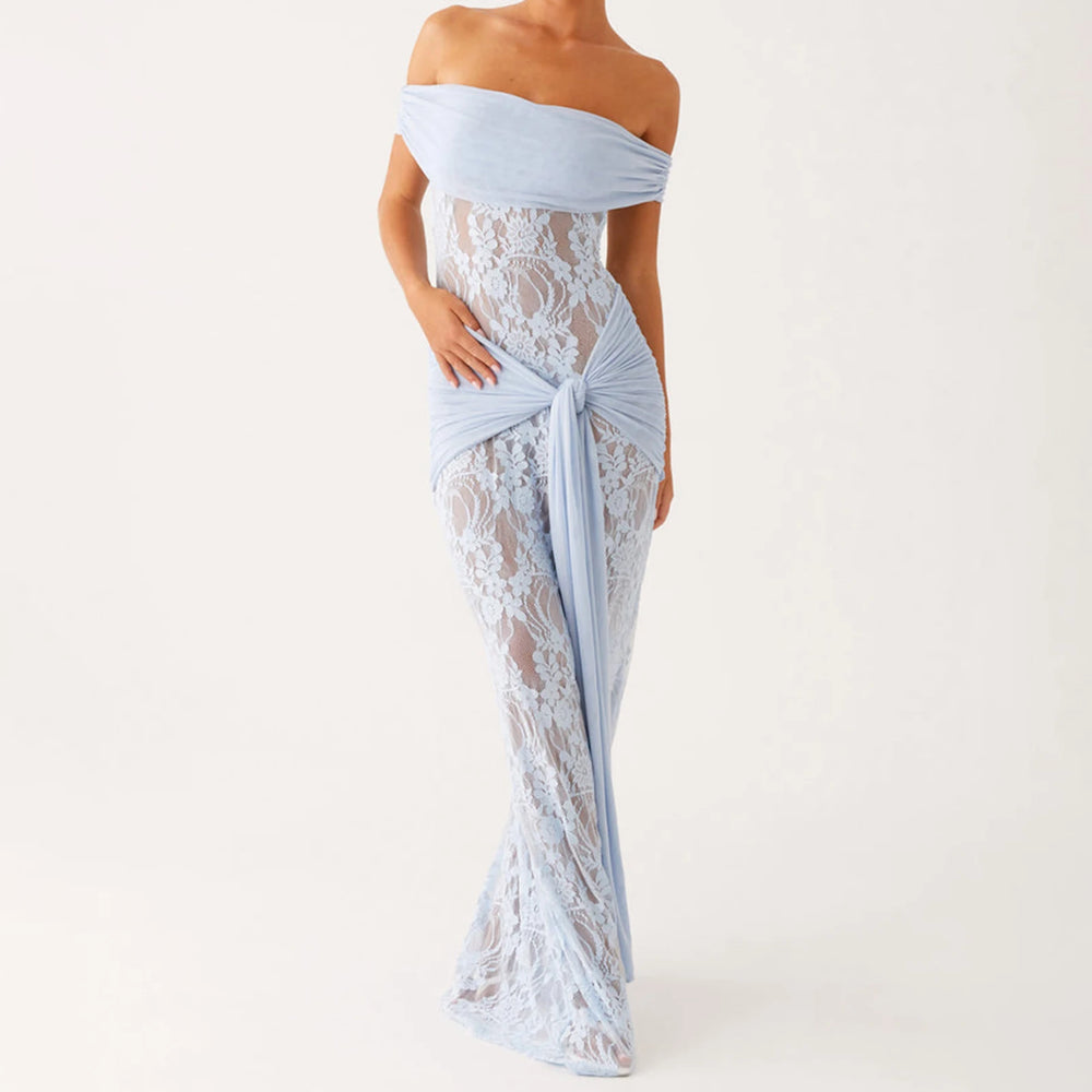 Light blue off-shoulder lace gown on a white background
