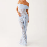 Light blue off-shoulder lace gown on a white background