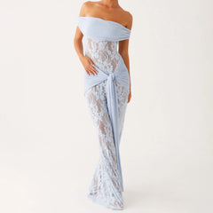 Light blue off-shoulder lace gown on a white background