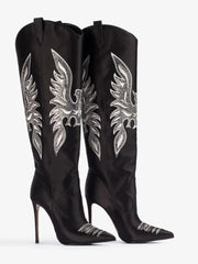 Black embroidered pointed stiletto cowboy boots