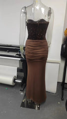 Sequin Strapless Draped Waist Evening Gown