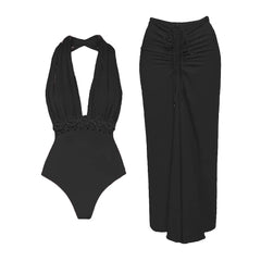 Black one piece swimsuit and ruched maxi skirt