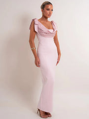 Draped Satin Cowl Bow Shoulder Maxi Dress