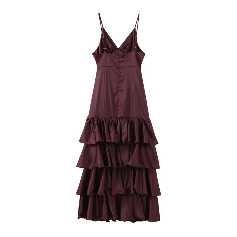 Maroon tiered dress on a white background