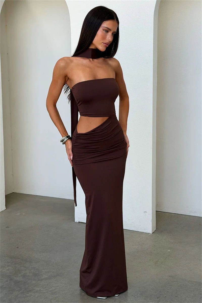 Strapless draped cutout maxi dress with halter neckline in coffee