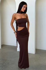 Strapless draped cutout maxi dress with halter neckline in coffee
