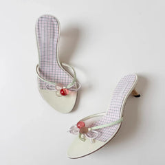 Beaded bow kitten heel mule with gingham footbed