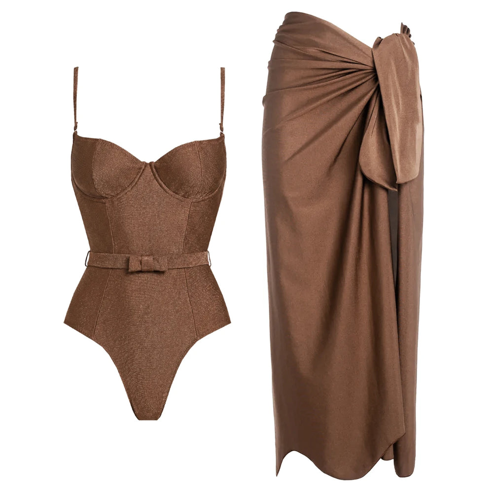 Brown one-piece swimsuit with matching belt and brown wrap skirt