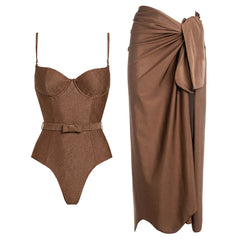 Brown one-piece swimsuit with matching belt and brown wrap skirt