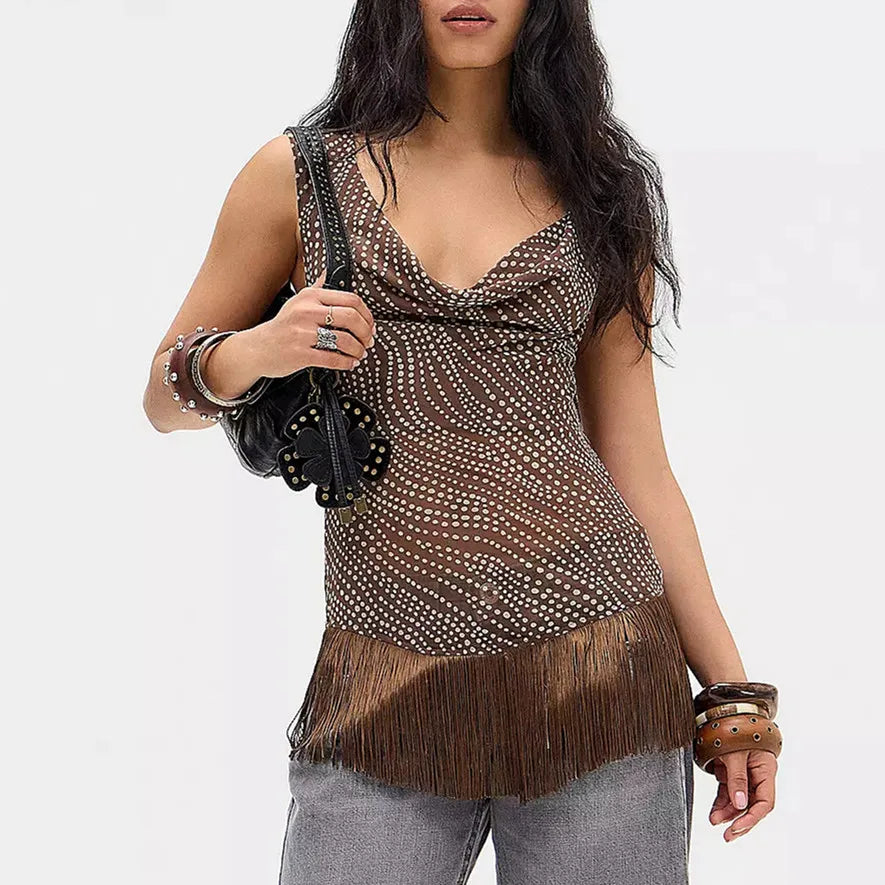 Sheer mesh cowl neck swirl dot print fringe hem top front view