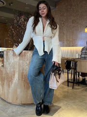 White Knit Waterfall Collar Cardigan